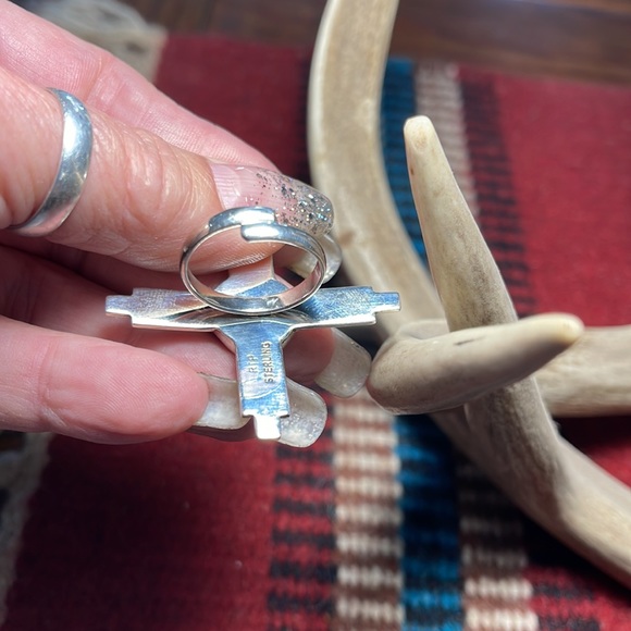 SOLD…Native Red Coral Sterling Zia Adjustable Ring - Picture 2 of 4